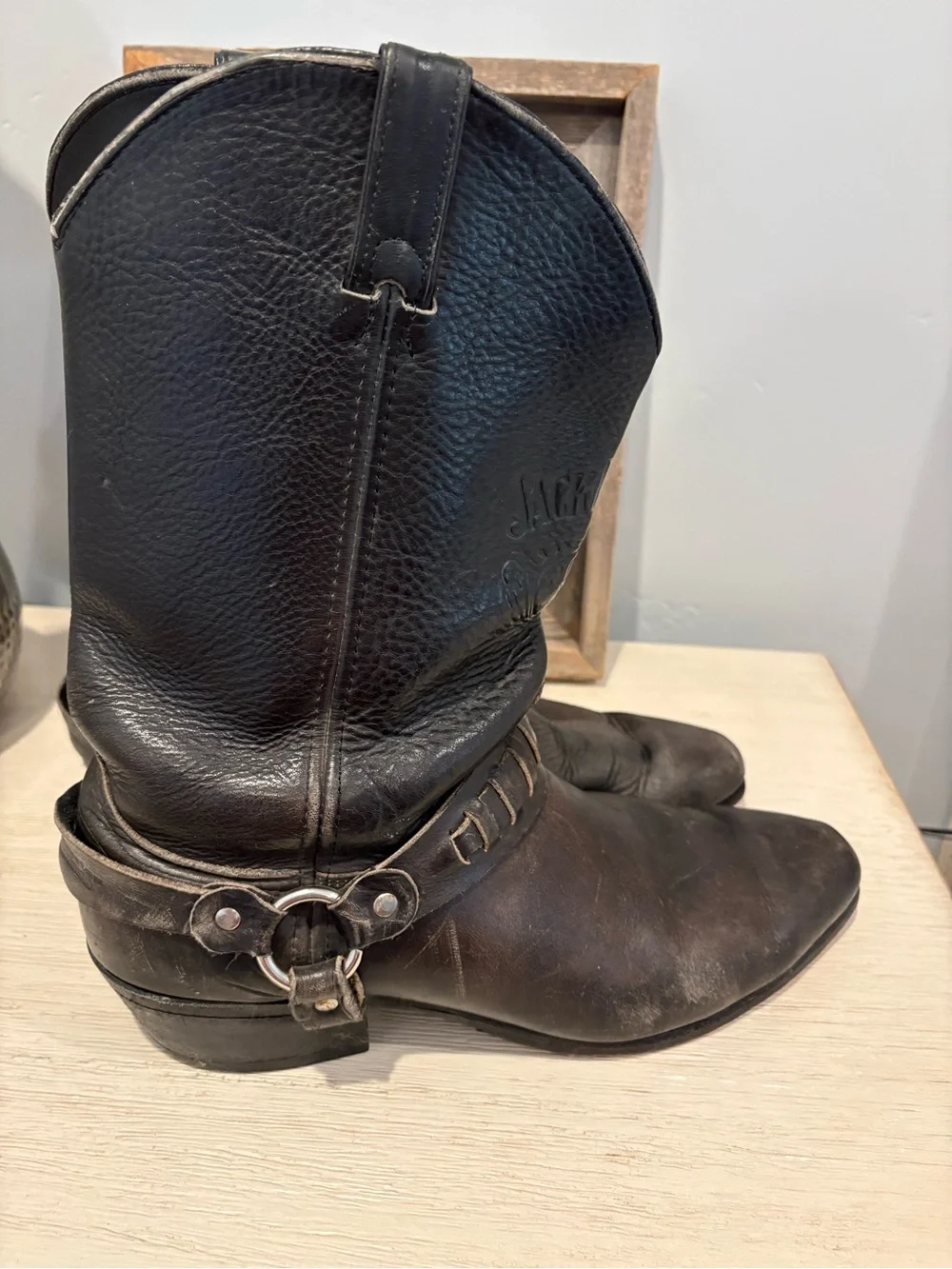 Jack Daniel's Embossed Black Leather harness boots